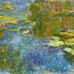 An Impressionist painting of water lillies on either side separated by water.