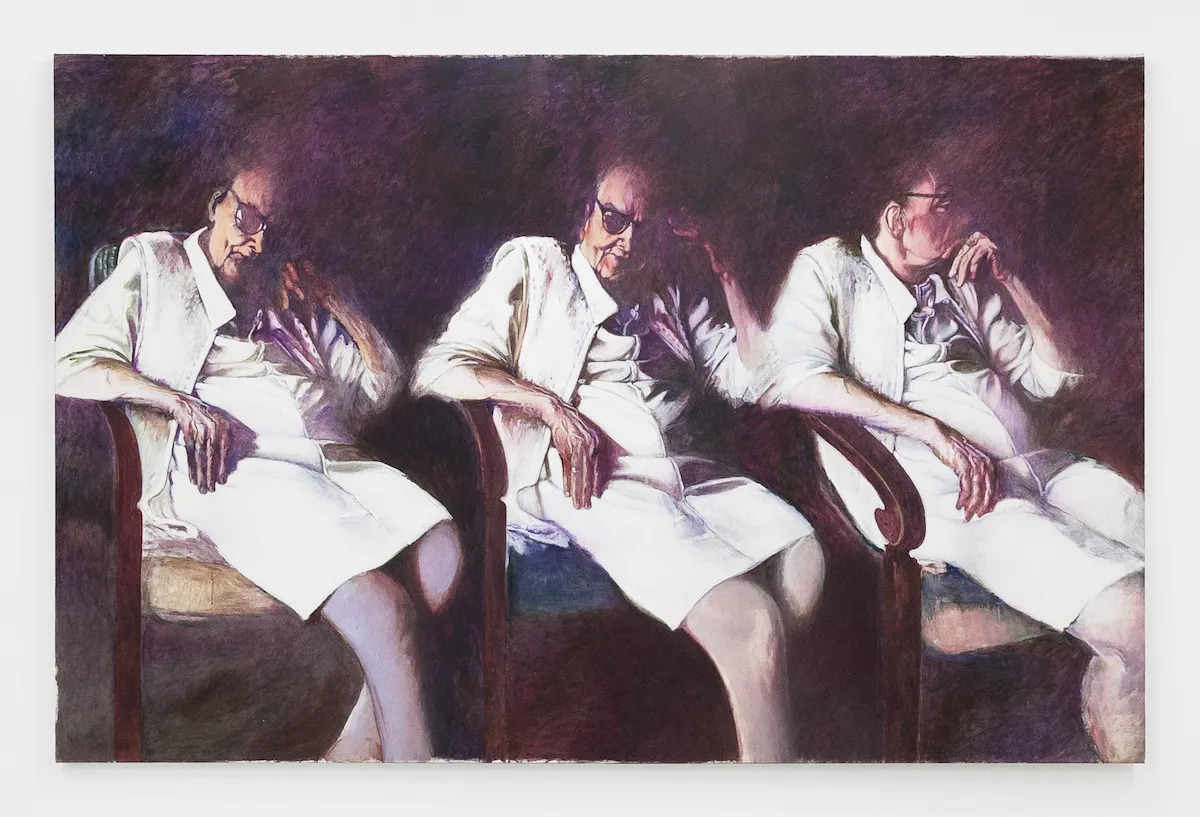 Three views of an elderly woman seated in a chair with her hand to her head.
