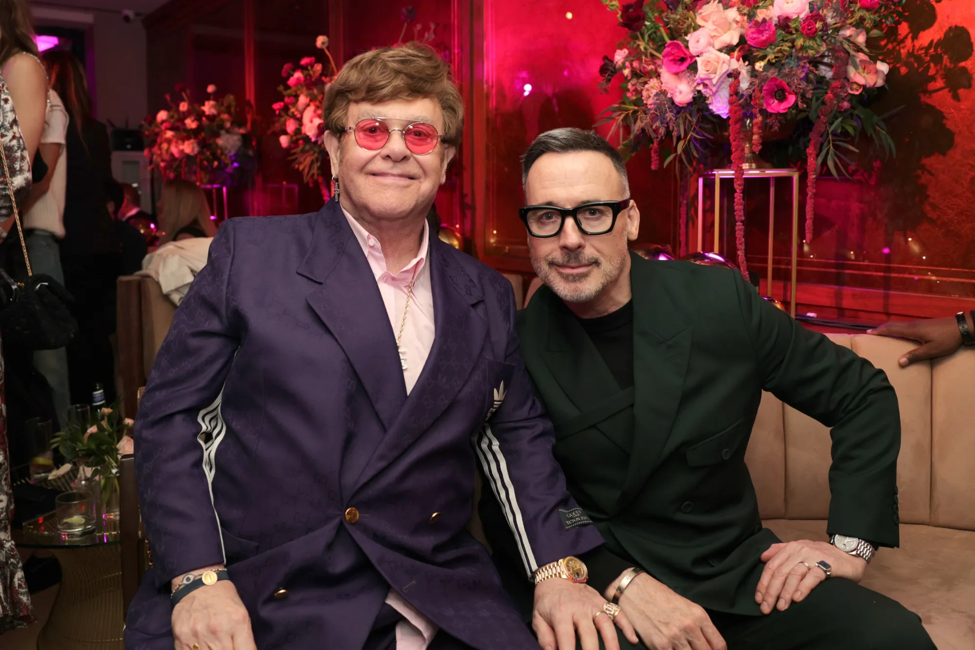 LOS ANGELES, CALIFORNIA - MARCH 10: (L-R) Elton John and David Furnish attend the The CAA Pre-Oscar Party at Sunset Tower Hotel on March 10, 2023 in Los Angeles, California. (Photo by Natasha Campos/Getty Images for CAA)