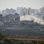 Rising smoke following an artillery strike in Gaza on October 19, 2023, as seen from Sderot, Israel.