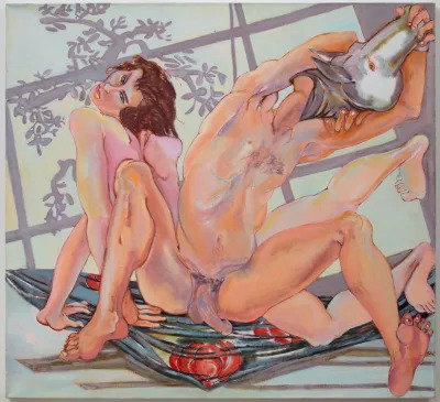 A painting of a nude woman and man after sex as he pulls a wolf mask off his face. 
