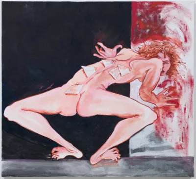 A painting showing a nude women with her back to the viewer. Various papers have been taped to her back. 