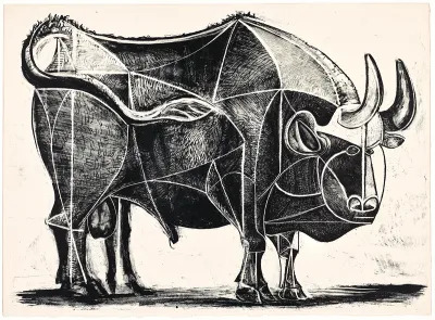 Pablo Picasso: The bull, IVth state, 1945, ink wash drawing, feather, and stone scraping on paper, 13 by 17 inches.