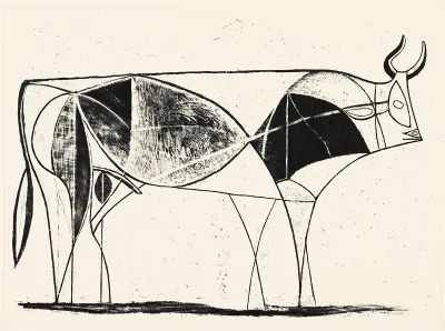 Pablo Picasso: The bull, VIIIth state, 1945, ink wash drawing, feather, and stone scraping on paper, 13 by 17 inches.