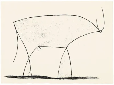 Pablo Picasso: The bull, XIth state, 1945, ink wash drawing, feather, and stone scraping on paper, 13 by 17 inches.
