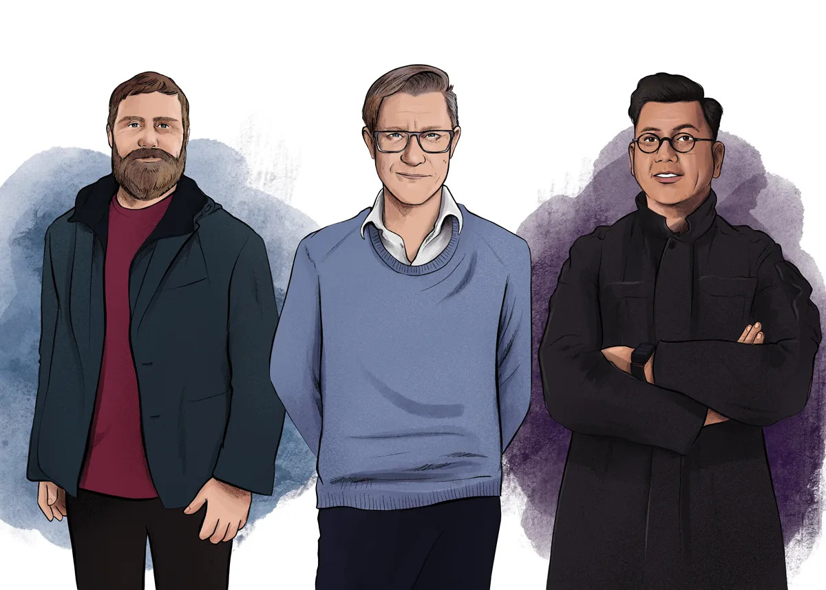 A drawn illustration of three men -- the first wearing a red shirt and coat and a thick beard, the second wearing a white shirt and blue sweater, short hair and glasses, and the third, in all black, with glasses.