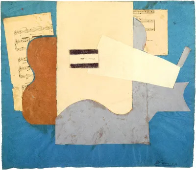 Pablo Picasso: Sheet Music and Guitar, 1912, charcoal and paper cut out pasted and pinned on paper, 16 by 19 inches.