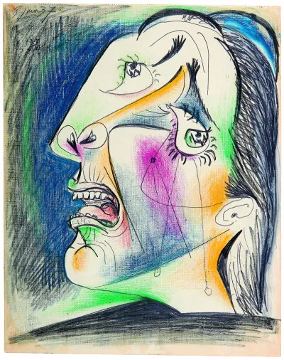 Pablo Picasso: Weeping head (V). Postscript to Guernica, 1937, graphite pencil, gouache, and color stick on canvas, 11 by 9 inches.