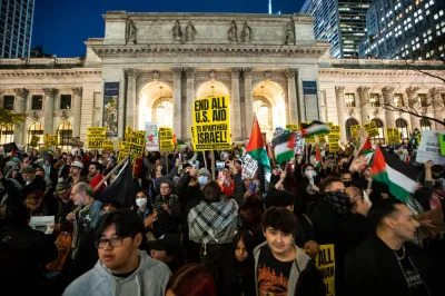 NEW YORK, NEW YORK - NOVEMBER 17: Pro-Palestinian activists protest outside the New York Public Library for a cease-fire in Gaza, on November 17, 2023 in New York City. Demonstrators have called for a cease-fire in fighting between Israel and Hamas militants in Gaza which has now left an estimated 11,500 Gazans dead following the October 7th Hamas terrorist attack on Israel. (Photo by Eduardo MunozAlvarez/VIEWpress)