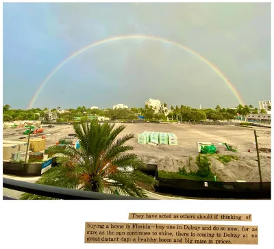 A collage showing a photo of a rainbow over an empty industrial lot. Below is text that reads 
