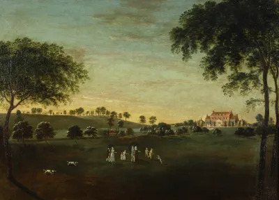 A landscape painting showing rolling fields of a plantation. in the foreground are figures and dogs walking. In the background is a plantation house. 