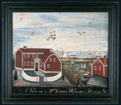 A painting showing a house with ships in the backyard. 