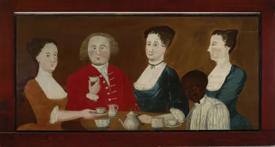 A painting showing four white people with a Black person who is shown lower. 