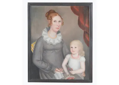 A portrait of a white woman and her daughter the woman holds a white cotton cloth and the daughter holds a slice of watermelon. 