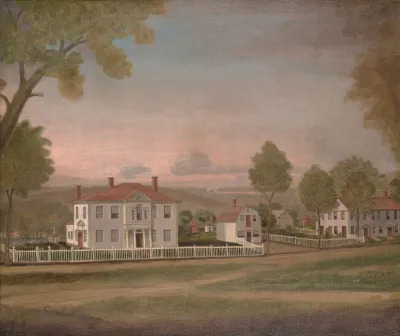 A landscape painting of a house and other buildings in late 18th-century Connecticut. 