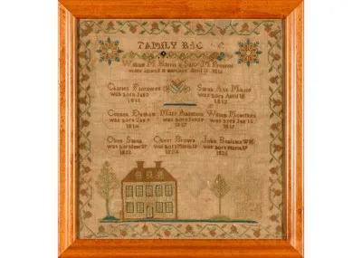 A needlework made with silk that lists a person