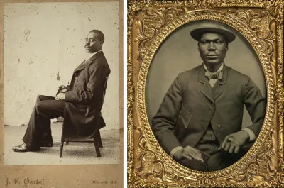 A cabinet card photograh showing a seated Black man (left) and a tintype showing a Black man in a suit and hat with a gold frame. 