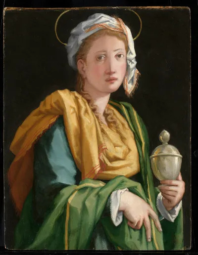 Jacopo Carruci Pontormo: Portrait of Francesca Capponi as St. Mary Magdalen, 1527–28, oil on panel, 19 3/4 by 14 7/8 inches.
