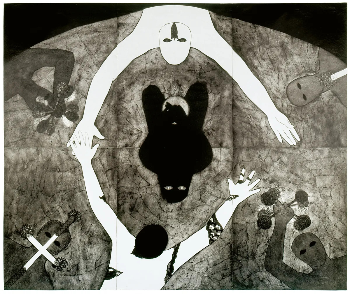 A black-and-white collagraph showing two white figures with arms outstretched around a black figure. There are fourth gray figur