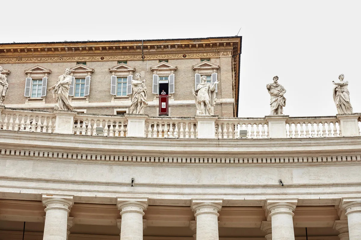 A photograph showing Pope Francis giving his Sunday address from a balcony in St. Peter