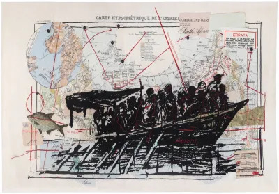 A drawing in mostly black with various figures on a boat over a collage of various torn maps with red lines.  