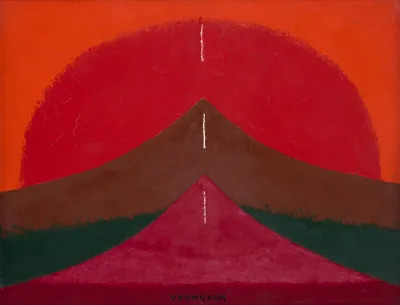 A painting of two mountains before one another, one in maroon, the other in brown. A dashing line runs down their middle. A giant red sun looms behind them.