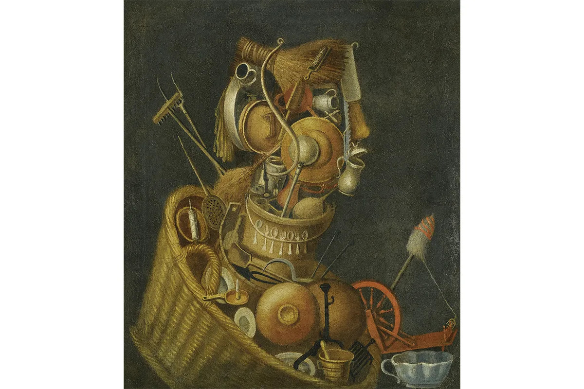 Circle of Giuseppe Arcimboldo (b. ca. 1527–1593), <em>Anthropomorphic Still Life with Pots, Pans, Cutlery, a Loom, and Tools</em>. 