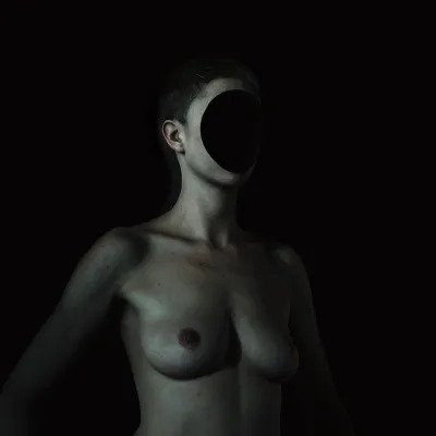 A nude person with a black hole where their face should be.