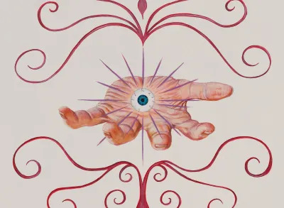 A painting of a hand holding a bulging eyeball.
