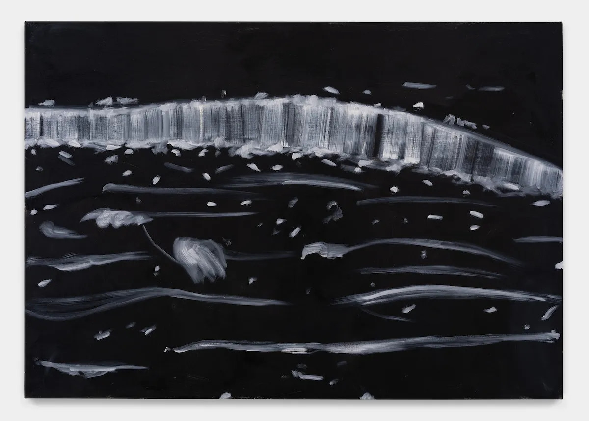 A black and white painting of an ocean surface.