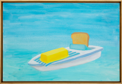 a slice of toast drives a motor boat while a stick of butter rests on the deck.
