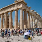 View of the Acropolis ancient hill with Parthenon temple during a heat wave, 2023, Athens, Greece.