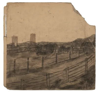 A drawing on yellowed paper of a farm with fencing a couple grain silos rising up.