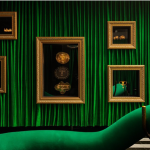 Artworks hang in a green velvet-clad room.