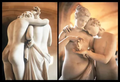 An artwork that is made of two composite photographs of the front and back of a marble sculpture showing two mostly nude figures.