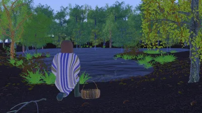 An animated video showing a person in a striped garment kneeling next to a body of water with a basket. 