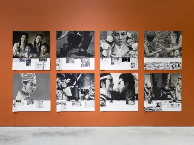 A gallery wall showing a 2x4 grid of black-and-white photo collages, including scenes from a traditional Korean play.  