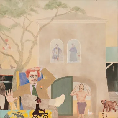 A painting of a white man sitting cross-legged with one hand pushed out in front of a house with a tree in front of it. A smaller Black man rides by on a bicycle in front of him, and a chained-up monkey can be seen by one wall.