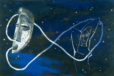 A painting of a night sky with an African mask linked up by a thread to a nude figure from a Picasso painting.