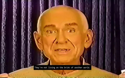 A video still showing a bald white man. A black caption box reads 