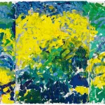 An abstract painting by Joan Mitchell, featuring her signature all-over abstraction. The prominent colors are yellow, green, and dark and light blue.