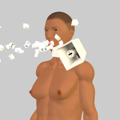 A digital brown-skinned person with breasts and defined muscles set against a grey background. Computer keys fly out of their mouth.