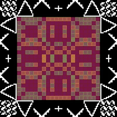 A digital quilt square that has an interior square in dark magenta with blocks in different colors on top of it. IN the background it is black and white and more lo-fi looking. 