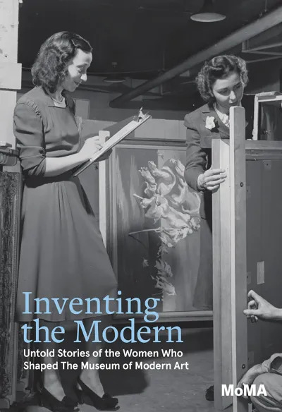 A book cover with a black-and-white archival photograph of two white woman flipping through paintings in storage, one takes notes on a clipboard. Below is the title 