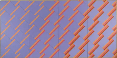 A painting composed of tilted purple squares separated by lines of yellow and orange.