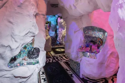 An installation resembling a plaster cave.