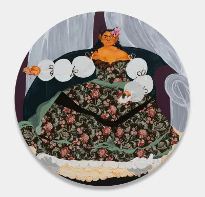 A round painting showing a Brown woman in a floral dress with white puffy sleeps. One of her eyes is white and her hair is shaped into two horns. 