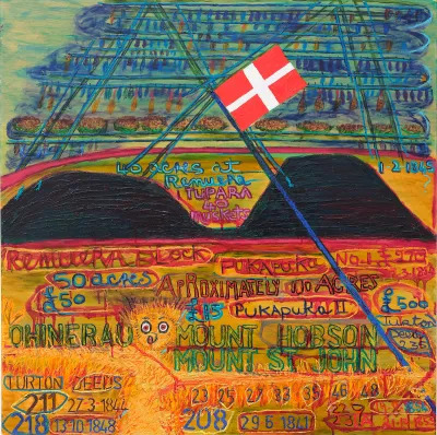 A painting of two mountain-like forms surrounded by scrawled words, a face, and a flag.