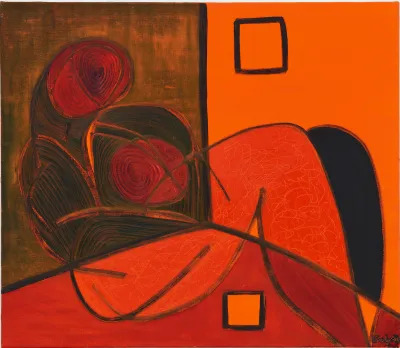 An orange-toned painting showing the abstracted silhouettes of two figures embracing, with one in the other