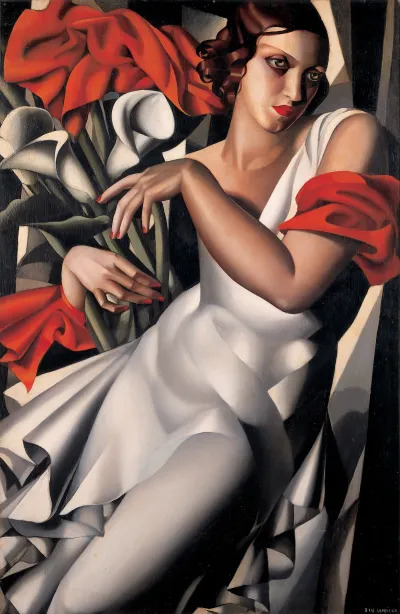 A painting of a woman in white gown surrounded by red fabric.